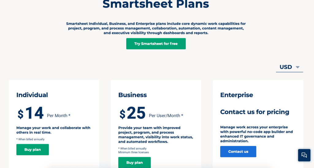 Smartsheet pricing plans